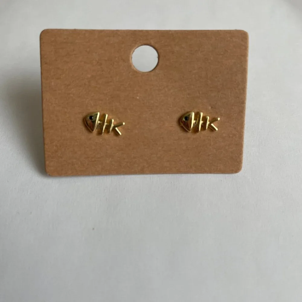 Fishbone Gold Plated Studs Pierced Earrings NWT - Picture 1 of 3
